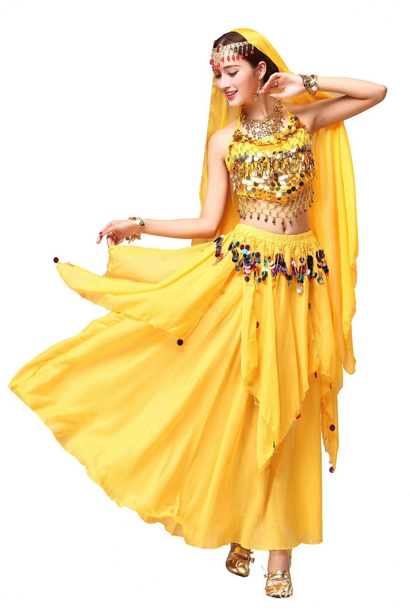 ORIDOOR Women Belly Dance Dress Set Crop Top Padded Bra Top Sparkling Belly Dance Chiffon Skirts with Coins 5-Piece Outfit 02 Yellow â€¦ - Image 1
